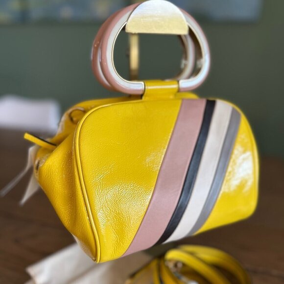 NEW! NWT! Tory Burch Half Moon Strip Mini Satchel Boston  -Yellow Leather Women - Picture 4 of 16